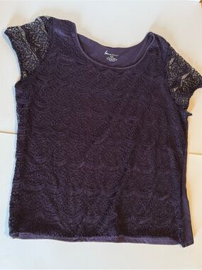 Lane Bryant Purple Lace-Overlay Short Sleeve Top